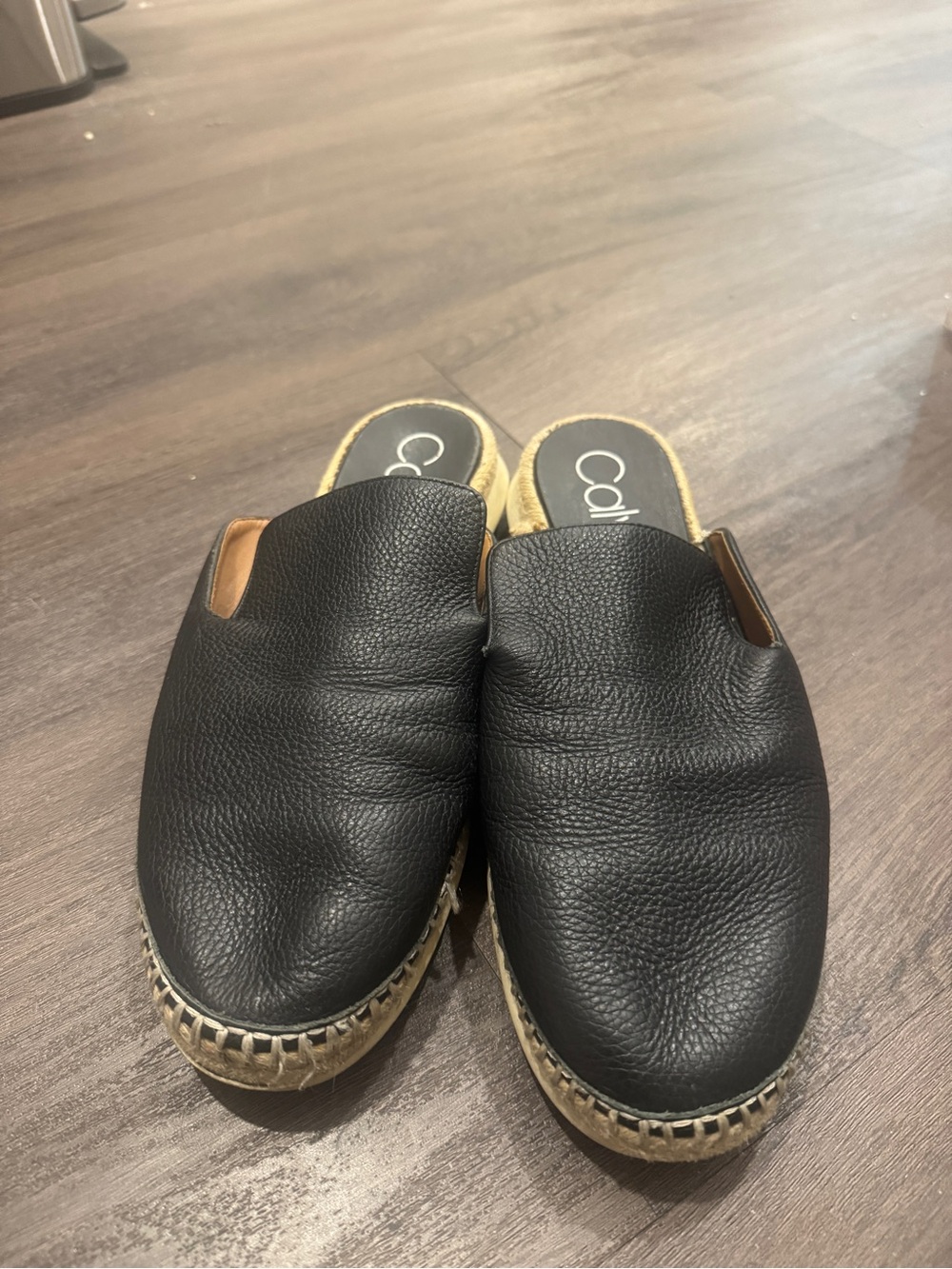 Calvin Klein Black Leather Slip-On Espadrille Mule